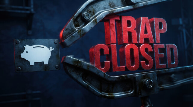 Mechanical clamp snapping shut around red warning sign beside white piggy bank symbol, conveying financial restriction, debt pressure, savings risk, and closed access in dark industrial light