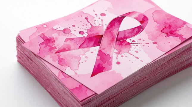 Stack of pink cards with breast cancer awareness ribbon design. Watercolor style pink ribbon symbol on paper background. Support women health fight disease, hope concept. Medical campaign materials