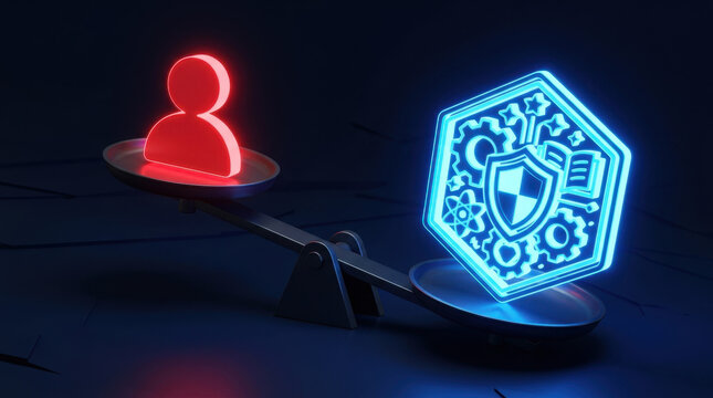 Neon balance scale showing skill standard versus security, with glowing red person icon and blue shield symbol creating dramatic digital comparison scene