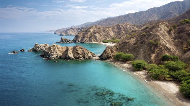 Scenic coastline with rocky cliffs and turquoise water in tropical landscape