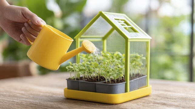 Hand watering seedlings in yellow mini greenhouse with watering can