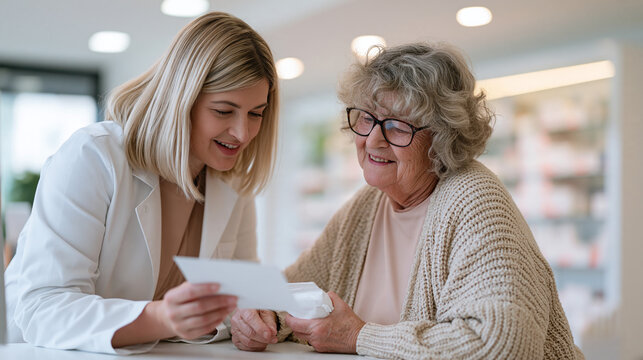 Czech pharmacist in crisp white coat explaining antibiotic course instructions to an elderly woman holding a medication bag, patient education moment at retail pharmacy counter,