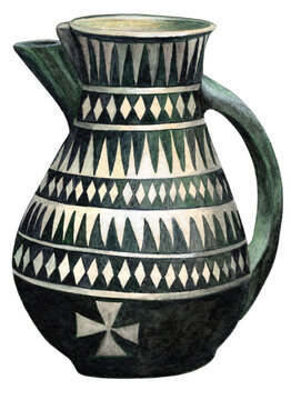 Early medieval Carolingian Frisian jug Tating ware pitcher (9th century AD). Black burnished ceramic pitcher with geometric tin foil inlay patterns and cross motif, Viking Age trade vessel. Artwork.