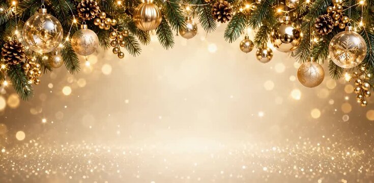 festive christmas background with fir branches, golden baubles, pinecones, berries, glowing fairy lights and sparkling glitter bokeh
