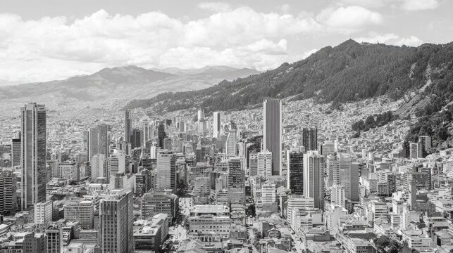 Monochrome cityscape of bogota with skyline and mountain backdrop