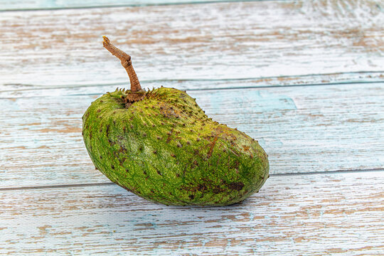 Weathered blue wooden surface with single green soursop fruit showing spiky skin and brown stem