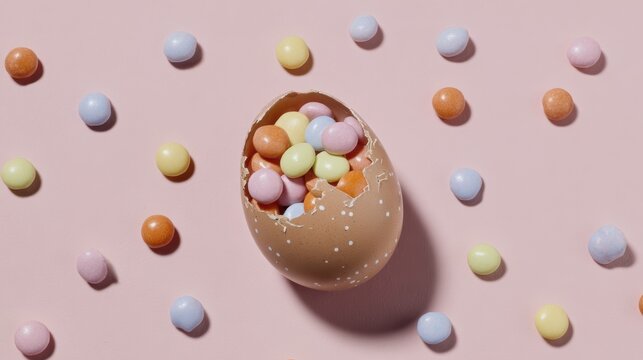 Pastel candy filled chocolate egg on pink background for creative easter celebrations