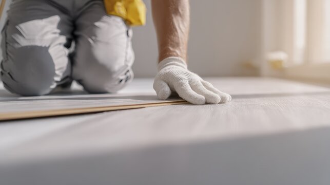 Professional carpenter installing wooden flooring in sunlit room