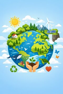 Earth with green forests water and renewable energy icons for eco sustainability poster background and environmental awareness design