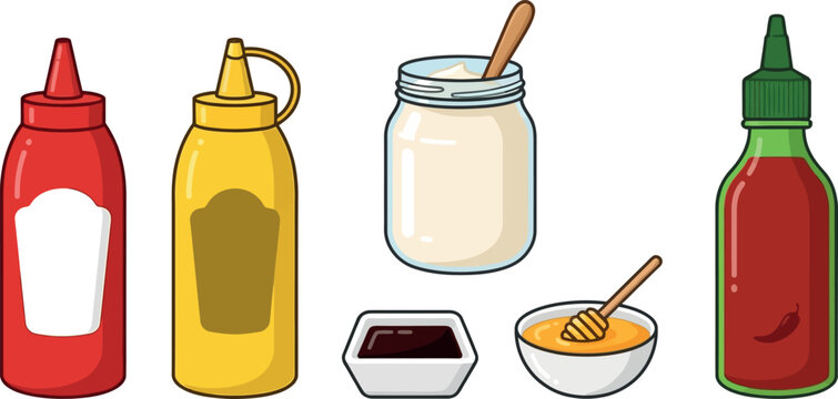 Condiments and Sauces Vector Icon Set Featuring Ketchup Mustard Mayonnaise Jar Soy Sauce Honey and Sriracha Hot Chili Bottle for Restaurant Menus