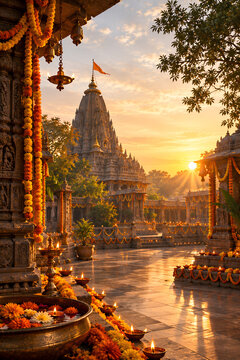 Hindu temple at sunset decorated with flowers and oil lamps during festival celebration indian culture light rays festival dussehra architecture spiritual religious