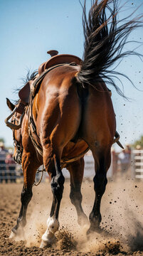 Rear view of brown bucking horse in rodeo arena. Wild bronc jumps high with flying tail in dust. Powerful equine animal performs during western sport competition. Action shot shows muscle, strength,