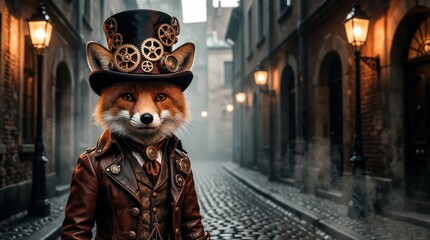 Obraz premium Futuristic fox wears steampunk costume with top hat, leather jacket. Anthropomorphic animal character stands on foggy old city street with cobblestones. Sci-fi fantasy creature looks at viewer in