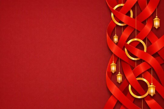 Red festive background with woven red ribbons and hanging gold lanterns for chinese new year banner and celebration design