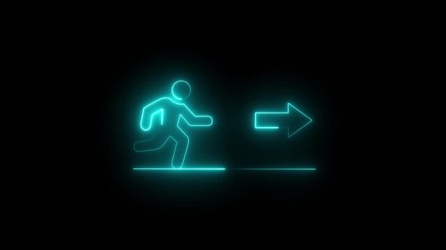 Blue neon glowing exit icon on a black background