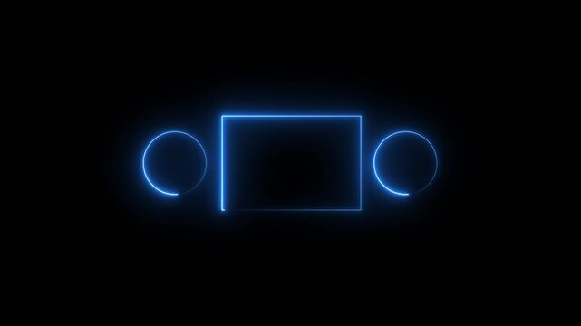 Glowing neon blue color square rectangle picture frame with circle frame icon animation display neon box footage shape round seamless border retro movement eclipse on black background.4K