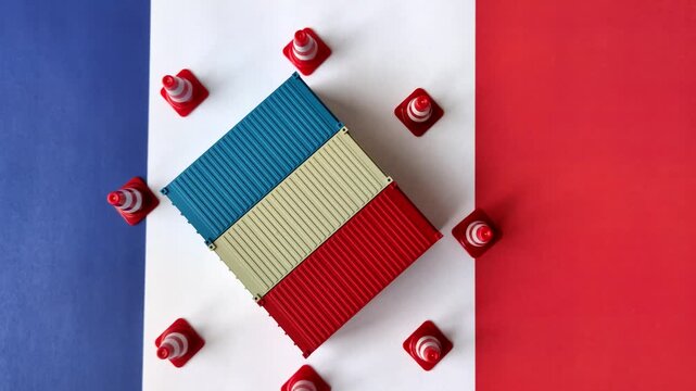 The cargo container ban on the French flag as a conceptual backdrop. Cargo container embargo