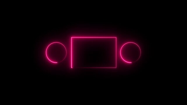 Glowing neon blue color square rectangle picture frame with circle frame icon animation display neon box footage shape round seamless border retro movement eclipse on black background.4K