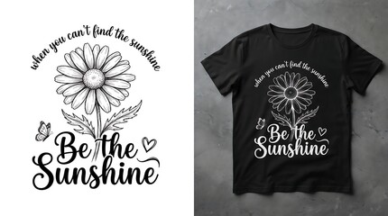 Obraz premium Tshirt design with daisy flower, butterfly, and inspirational quote be the sunshine isolated on white background