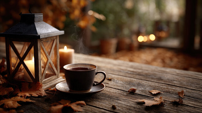 Rustic wooden table with steaming cup and saucer beside a glowing candle lantern, scattered autumn leaves and soft bokeh light evoking cozy fall warmth and quiet comfort