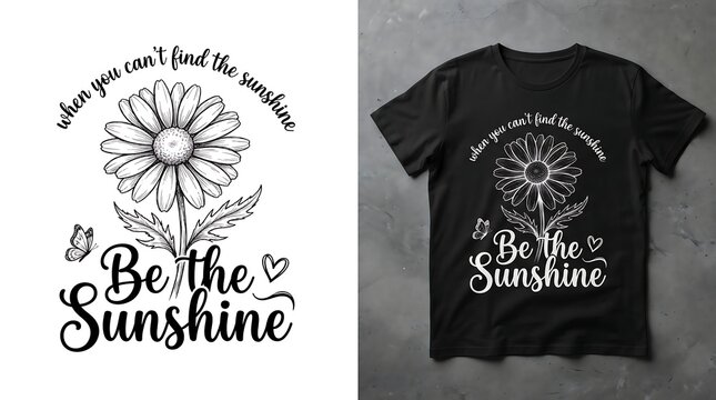 Tshirt design with daisy flower, butterfly, and inspirational quote be the sunshine isolated on white background