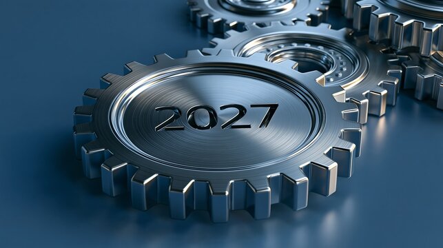 Brushed metal gear wheels with the year 2027 engraved, interlocking steel cogs on a dark blue background, industrial mechanical concept