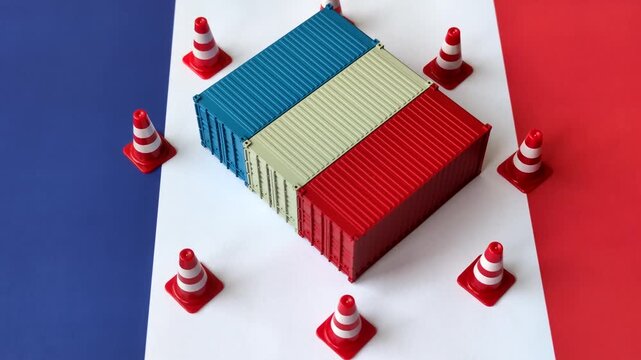 The cargo container ban on the French flag as a conceptual backdrop. Cargo container embargo