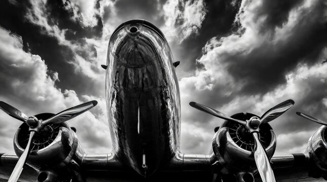 Vintage military warplane sits on ground under dramatic cloudy sky. Retro propeller aircraft with metal engine detail shows historical aviation tech. Old warbird plane features large wings, classic