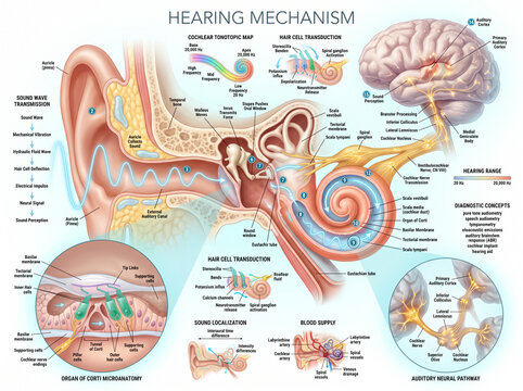 Detailed anatomical infographic explaining human ear hearing mechanism and auditory pathway with clear labels and diagrams inside