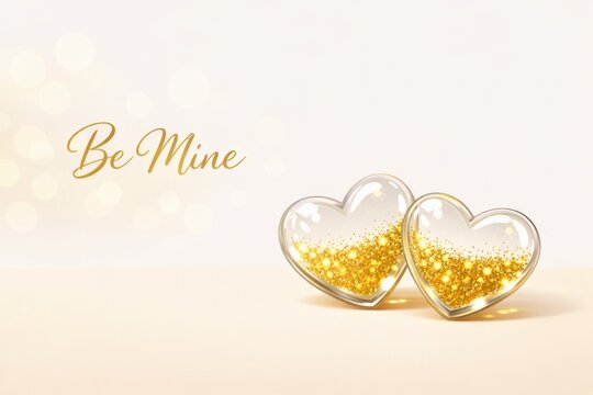 Two glittering gold heart shapes with "be mine" text on soft beige background for valentine day greeting card and romantic wallpaper design