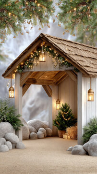 Rustic wooden manger scene with glowing lanterns, pine branches and cones among rocks, evoking a peaceful christian christmas setting symbolizing faith and the birth of christ
