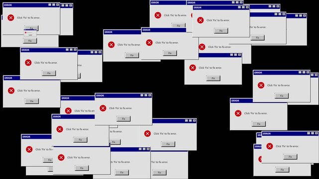 Retro computer error pop-up windows appearing on black background, vintage UI glitch effect