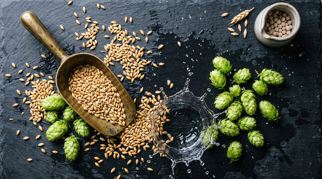 Fresh green hops, roasted malt grains in vintage copper scoop, and water splash on dark slate stone, 16:9 banner horizontal photo for craft beer brewing ingredients and brewery