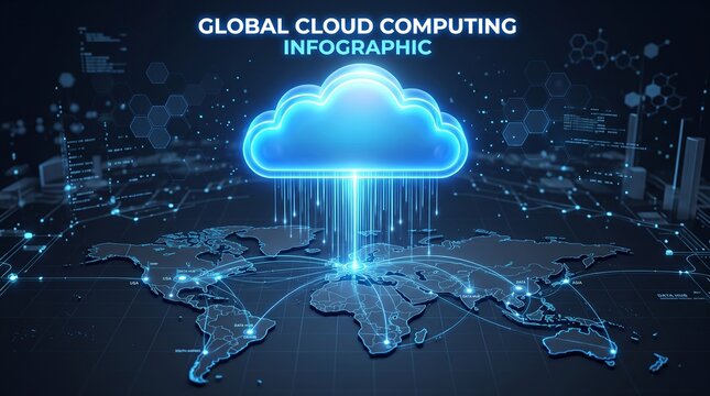 Digital global cloud computing technology infographic with world map digital network data storage internet connection cyber security server technology data management future tech information