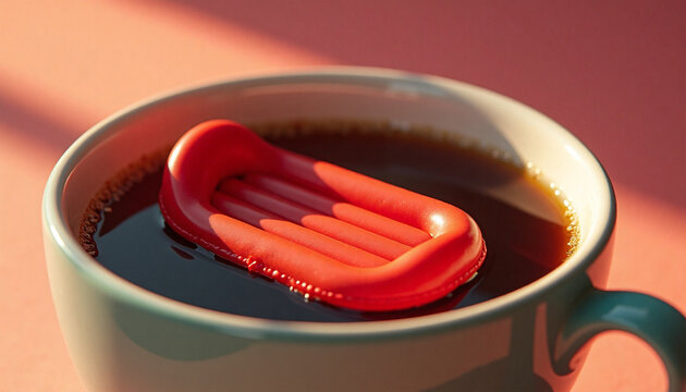 Red inflatable pool mattress floating in cup of black coffee. morning coffee break and vacation relaxation surrealism