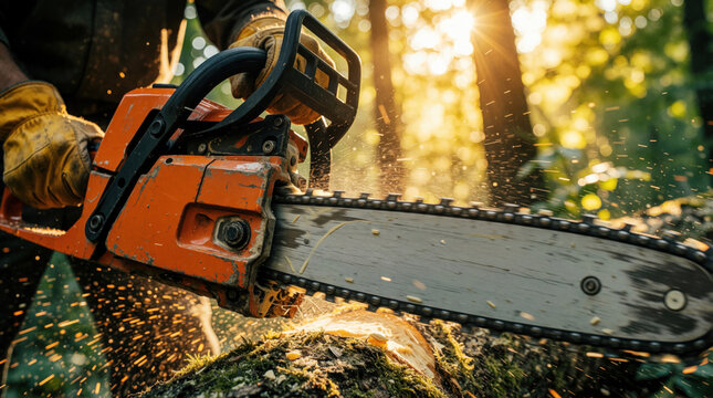 Male construction worker uses orange gasoline chainsaw to cut large tree log in forest. Pro logger wears protective gloves, operates powerful cutting tool. Sawdust flies from sharp metal blade during