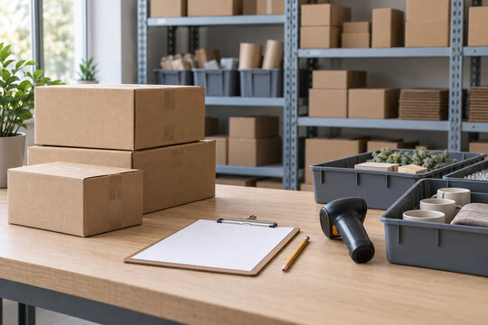 Small business warehouse inventory cycle count with blank clipboard