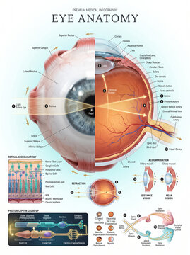 Detailed human eye anatomy medical infographic featuring labeled parts and cross section diagrams illustrating vision and light processing