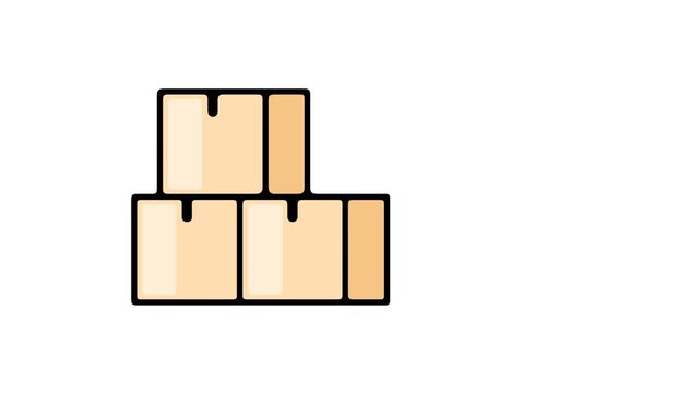 Modern 2D flat animation of a cardboard box stack appearing and sliding sideways together. Seamless motion graphic with transparent background for e-commerce and warehouse transit.