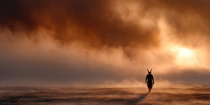 Krampus with glowing eyes and shaggy fur emerges from smoky red flames, a horned, menacing folklore creature evoking dark fantasy, pagan tradition, and horror