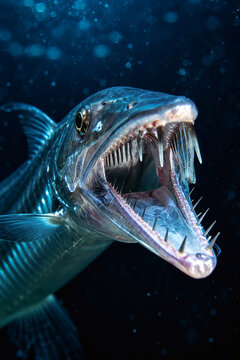 Close-up of a deep-sea viperfish, Chauliodus sp., with an open mouth and extremely long needle-like teeth, photographed underwater in the dark ocean during a night dive.