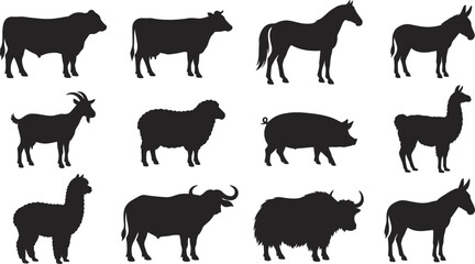 Fototapeta premium Farm Animal Silhouette Collection with Cow Horse Sheep and Pig Symbols for Agriculture and Livestock Graphic Design Projects