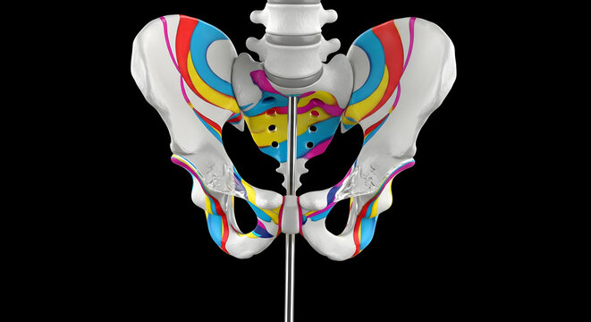 3D render of human pelvis bone with colorful ligaments and spine connection.