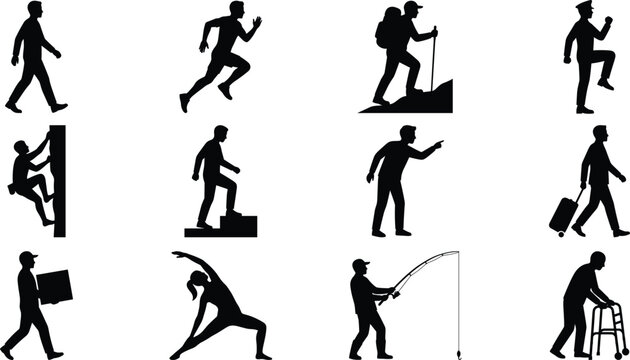 Human Activity Silhouette Icon Collection with Walking Running Climbing and Exercise Symbols for Lifestyle Graphic Design Projects