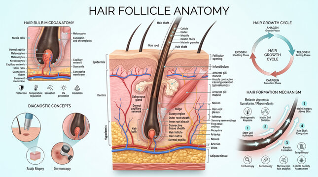 Detailed medical illustration depicting the complex anatomical structure of human hair follicle alongside growth cycle and diagnostic concepts
