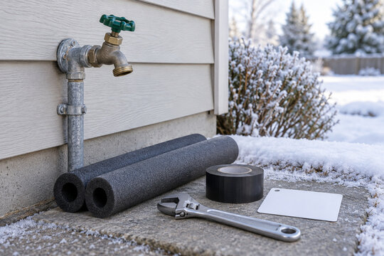 Winter home pipe freeze prevention preparation with insulation sleeves