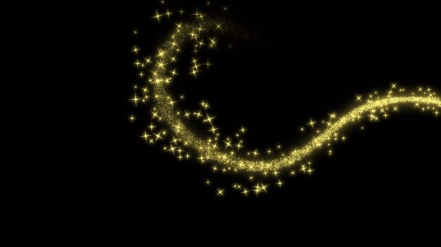 Glowing golden glitter stars line animation on black background, glittering particle trail, glitter star sparkling light effect motion graphics, glowing fairy dust transition. 4K video