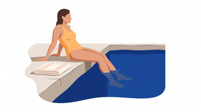 Young woman relaxing by a swimming pool wearing a swimsuit and socks  