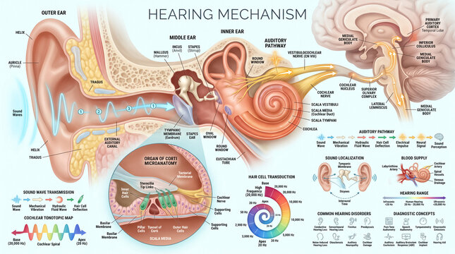 Detailed medical illustration showing human ear anatomy featuring inner and outer parts alongside auditory pathway labels and sound wave transmission