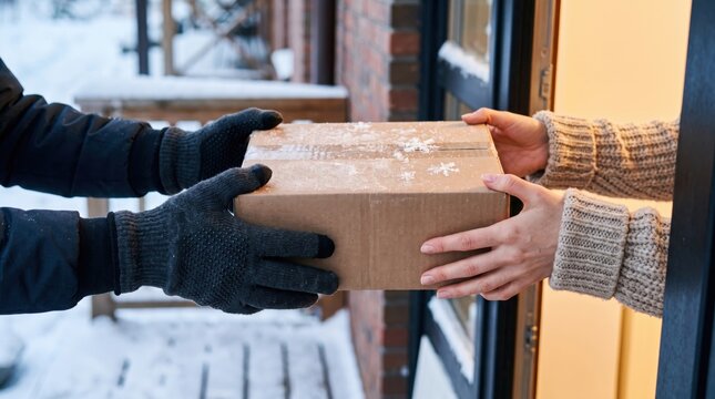 Courier in black gloves handing a cardboard parcel to a recipient at the home doorway in winter, representing home delivery, courier service, online shopping and shipping logistics